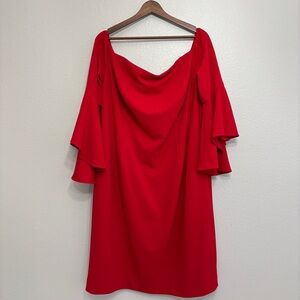 Calvin Klein Dress Women Size 20W Red Around Knee Length Tiered Bell Sleeve
